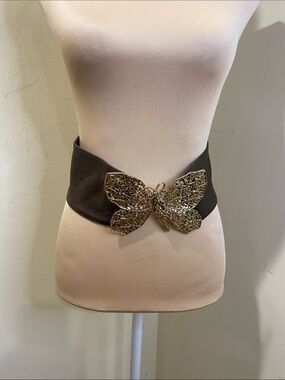 B-Low the Belt Wide Brown Leather  Belt with Gold Butterfly Buckle Sz S